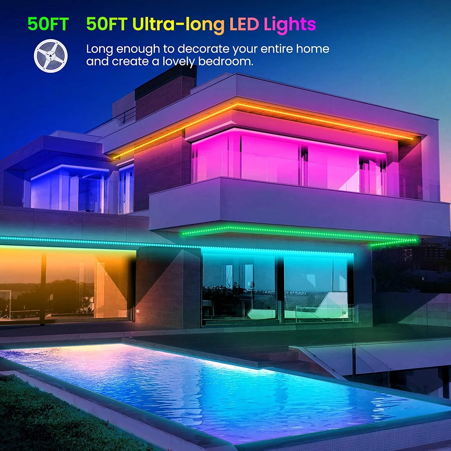 50 FT Bluetooth LED Strip Lights for Bedroom, Color-Changing Light Strip with Music Synchronization, App and Remote Control (Includes Microphone Functionality)