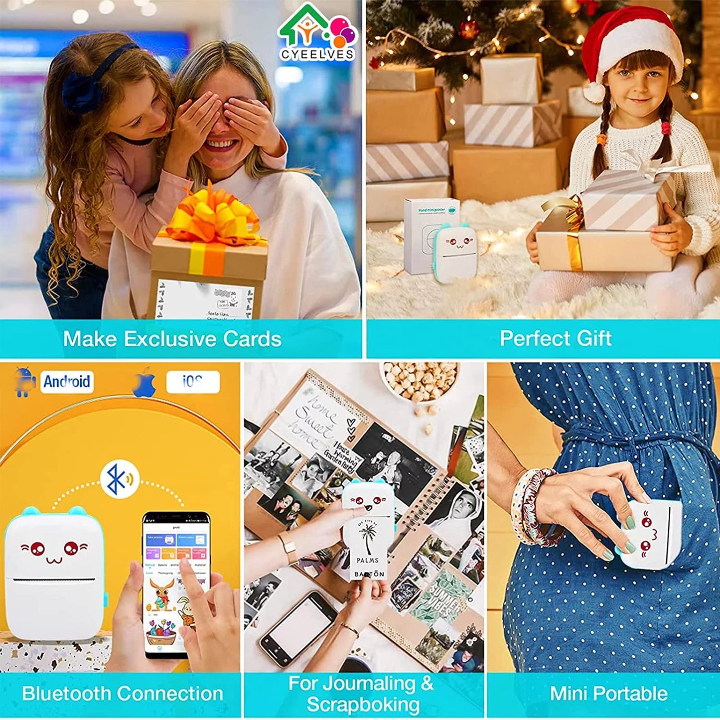 Portable Mini Bluetooth Thermal Printer with 6 Rolls of Printing Paper for Android and iOS Smartphones - Ideal for Labels, Receipts, Photos, Notes, and Home Office Use