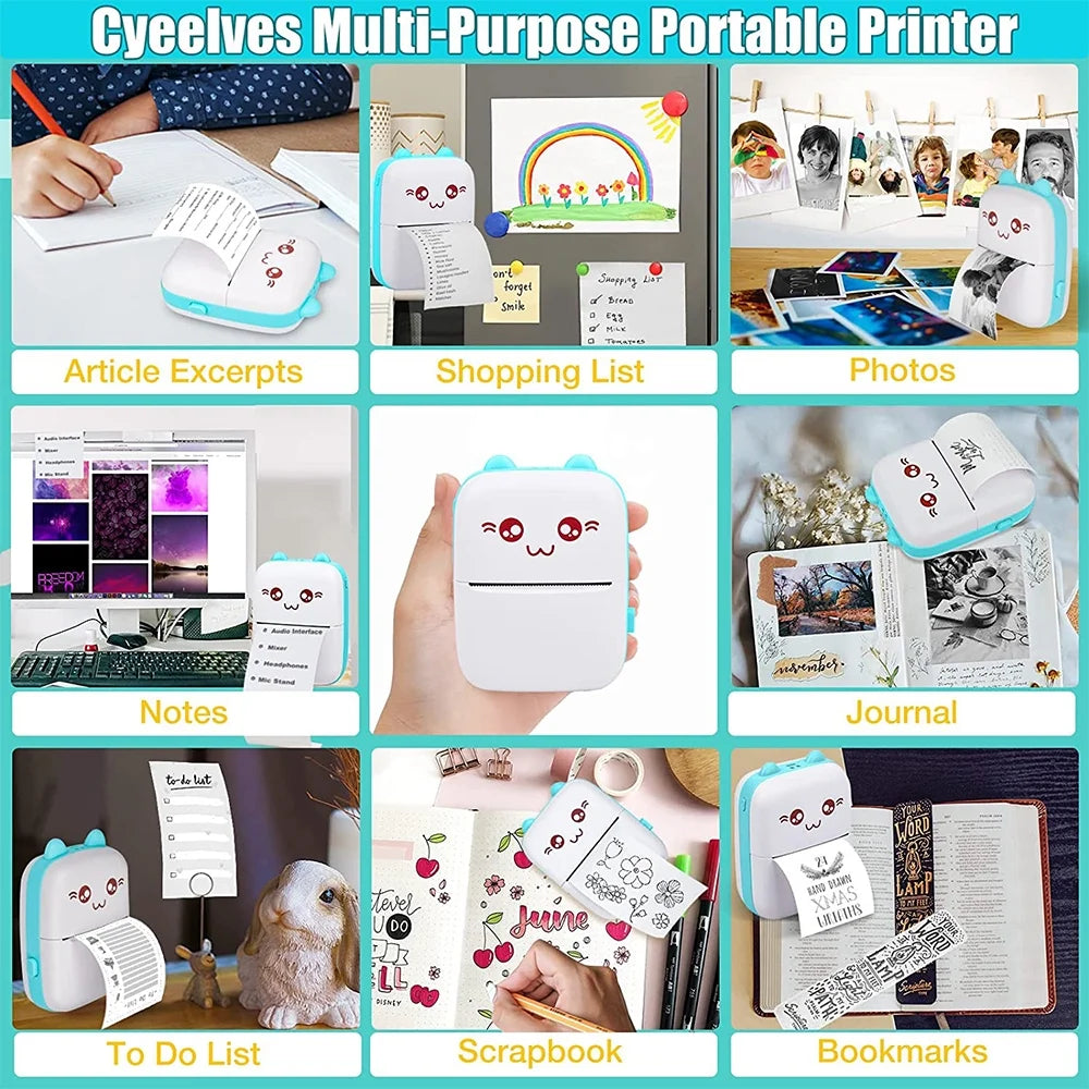 Portable Mini Bluetooth Thermal Printer with 6 Rolls of Printing Paper for Android and iOS Smartphones - Ideal for Labels, Receipts, Photos, Notes, and Home Office Use