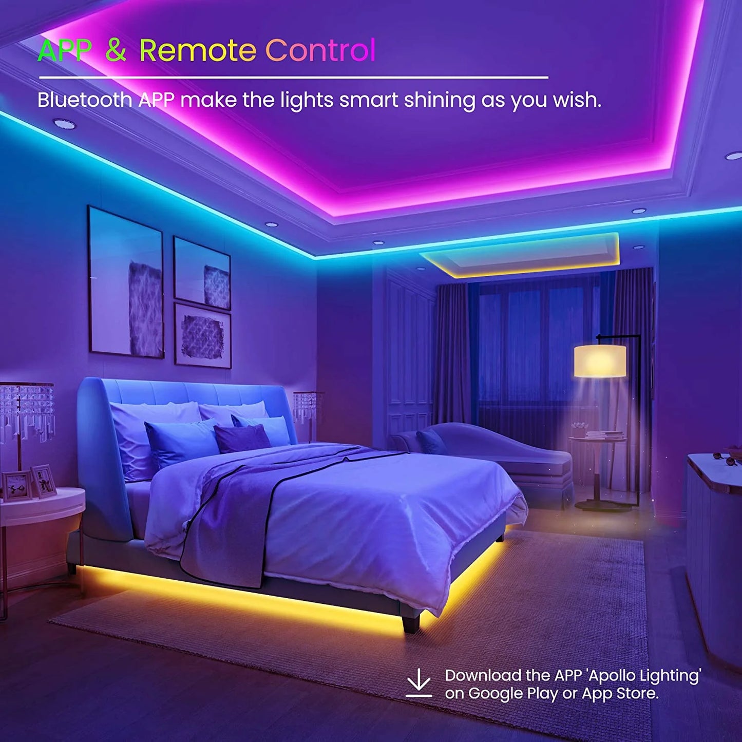 50 FT Bluetooth LED Strip Lights for Bedroom, Color-Changing Light Strip with Music Synchronization, App and Remote Control (Includes Microphone Functionality)
