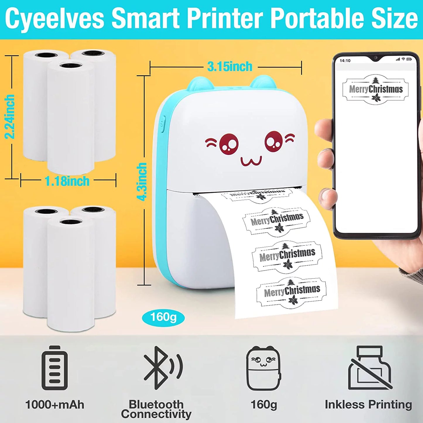 Portable Mini Bluetooth Thermal Printer with 6 Rolls of Printing Paper for Android and iOS Smartphones - Ideal for Labels, Receipts, Photos, Notes, and Home Office Use