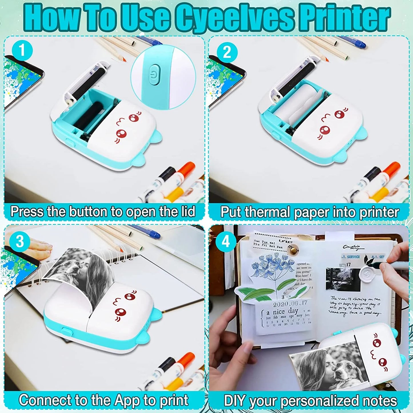 Portable Mini Bluetooth Thermal Printer with 6 Rolls of Printing Paper for Android and iOS Smartphones - Ideal for Labels, Receipts, Photos, Notes, and Home Office Use