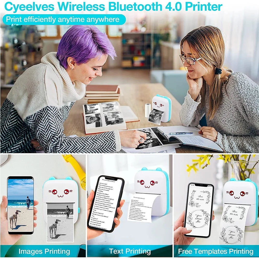 Portable Mini Bluetooth Thermal Printer with 6 Rolls of Printing Paper for Android and iOS Smartphones - Ideal for Labels, Receipts, Photos, Notes, and Home Office Use