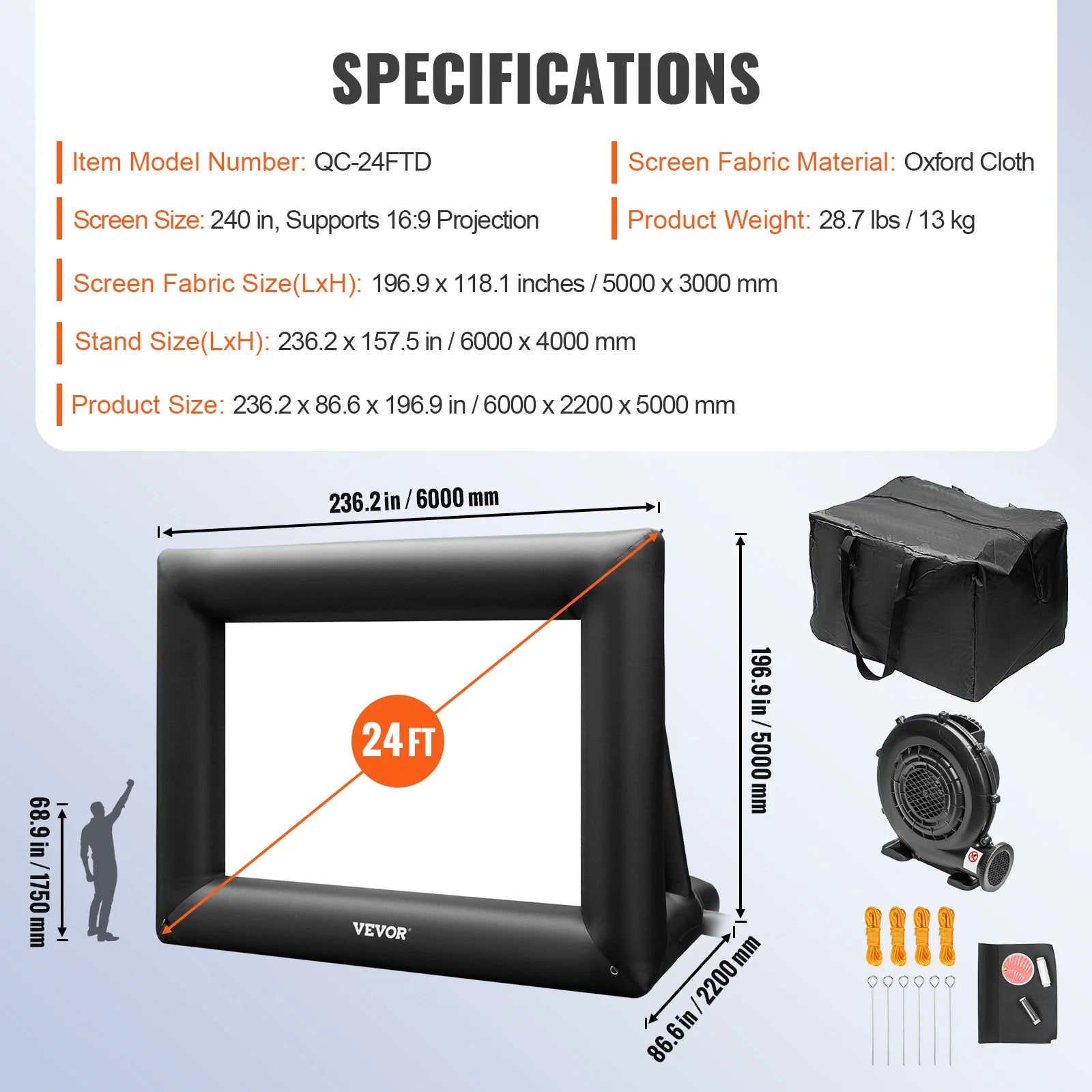 24-Foot Inflatable Movie Screen with 360W Air Blower - Outdoor Projector Screen for Front and Rear Projection, Made of Durable Oxford Fabric